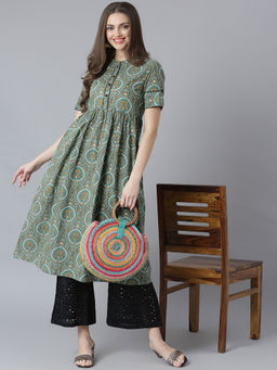 QOMN - Olive Green Ethnic Print Kurta