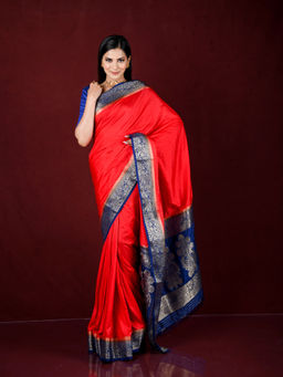 EXCLUSIVA - Red Zari Woven Work Banarasi Saree with Unstitched Blouse