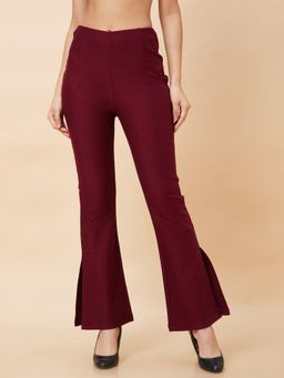 Globus - Women Wine Solid High-Rise Slip-On Side Slit Bootcut Trousers