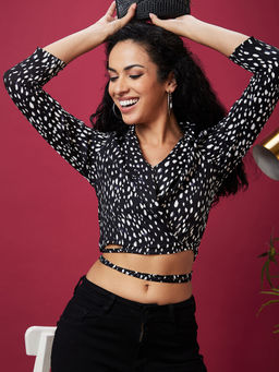 Globus - Women Black Animal Print Waist Tie Up Wrap Crop Top