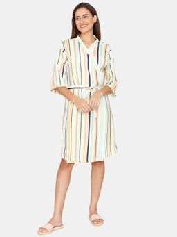 Zivame - Coucou Above Knee Robe with tie on - Fusion Coral Stripe - Multi-Color