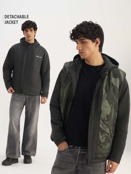 The Souled Store - Men Black Camouflage Printed Puffer Jacket with detachable Hood