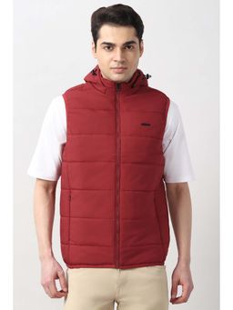 Peter England - Men Red Solid Hooded Puffer Jacket