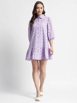 Madame - Lilac Flared Hem Schiffli Mini Dress