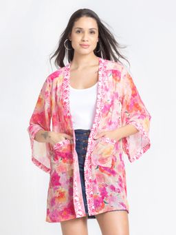 SHAYE - Shawl Collar Peach Floral Print Three-Quarter Sleeves Casual Shrug