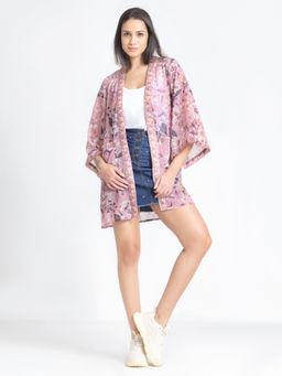 SHAYE - Shawl Collar Dusty Pink Floral Print Three-Quarter Sleeves Casual Shrug