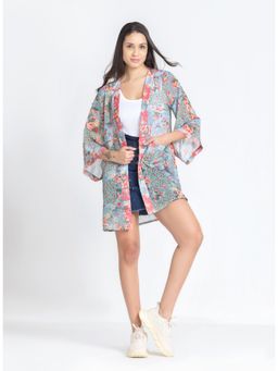 SHAYE - Shawl Collar Green Floral Print Three-Quarter Sleeves Casual Shrug