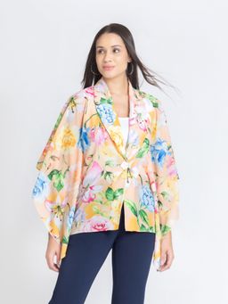 SHAYE - Shawl Collar Yellow Floral Print Three-Quarter Sleeves Casual Shrug