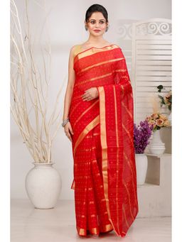 DipDiya - Red Pure Cotton Woven Saree Without Blouse