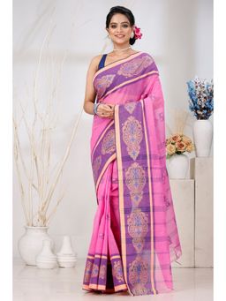 DipDiya - Pink Pure Cotton Woven Saree Without Blouse
