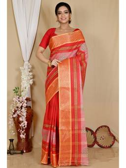 DipDiya - Red Pure Cotton Woven Saree Without Blouse