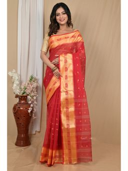 DipDiya - Red Pure Cotton Woven Saree Without Blouse