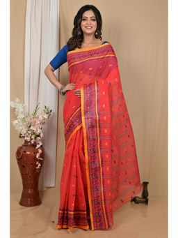 DipDiya - Red Pure Cotton Woven Saree Without Blouse
