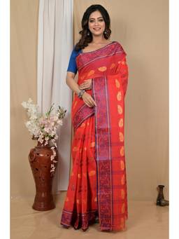 DipDiya - Red Pure Cotton Woven Saree Without Blouse