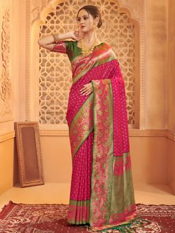 Anaita - Rani Pink Floral Woven Silk Saree with Unstitched Blouse