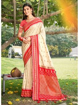 Anaita - Off White Floral Woven Silk Saree with Unstitched Blouse
