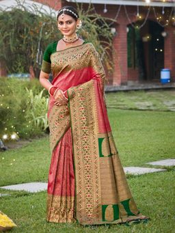 Anaita - Coral Woven Banarasi Silk Saree with Unstitched Blouse