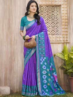 Anaita - Blue Pochampalli Silk Ikat Printed Saree with Unstitched Blouse