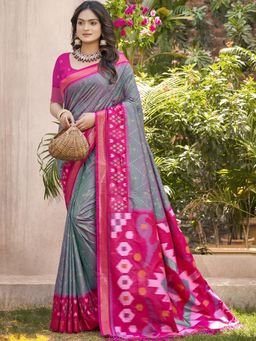 Anaita - Grey Pochampalli Silk Ikat Printed Saree with Unstitched Blouse