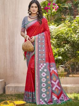 Anaita - Red Pochampalli Silk Ikat Printed Saree with Unstitched Blouse