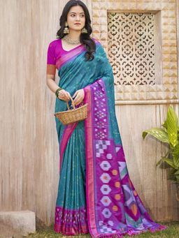 Anaita - Teal Pochampalli Silk Ikat Printed Saree with Unstitched Blouse