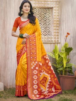 Anaita - Yellow Pochampalli Silk Ikat Printed Saree with Unstitched Blouse