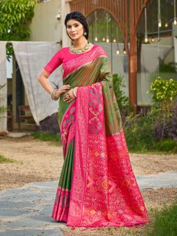 Anaita - Green Woven Soft Silk Tassels Saree with Unstitched Blouse