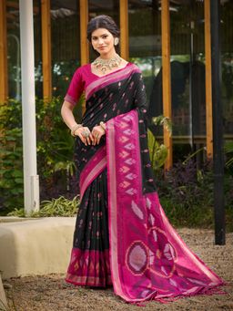 Anaita - Black Ikat Printed Soft Silk Saree with Unstitched Blouse
