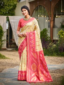 Anaita - Cream Ikat Printed Soft Silk Saree with Unstitched Blouse