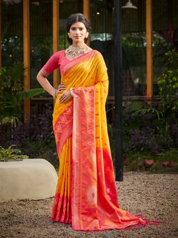 Anaita - Yellow Ikat Printed Soft Silk Saree with Unstitched Blouse