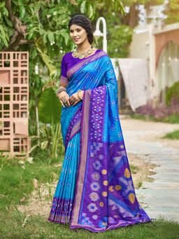 Anaita - Aqua Blue Ikat Printed Soft Silk Saree with Unstitched Blouse