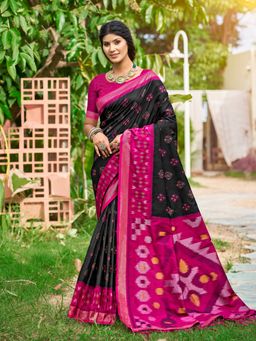 Anaita - Black Ikat Printed Soft Silk Saree with Unstitched Blouse