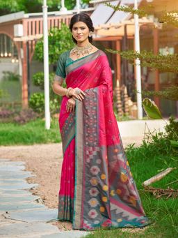 Anaita - Red Ikat Printed Soft Silk Saree with Unstitched Blouse