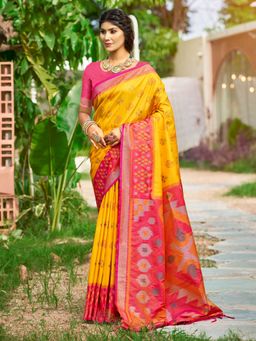 Anaita - Yellow Ikat Printed Soft Silk Saree with Unstitched Blouse