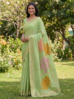 Anaita - Green Floral Printed Linen Saree with Unstitched Blouse