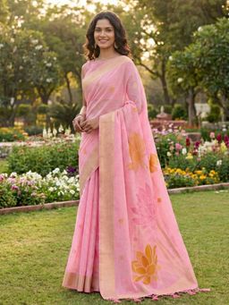 Anaita - Pink Floral Printed Linen Saree with Unstitched Blouse