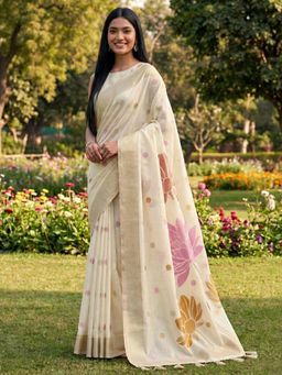 Anaita - Off White Floral Printed Linen Saree with Unstitched Blouse