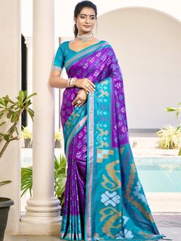 Anaita - Purple Ikat Printed Silk Saree with Unstitched Blouse