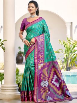 Anaita - Sea Green Ikat Printed Silk Saree with Unstitched Blouse
