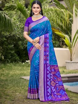 Anaita - Blue Ikat Printed Silk Saree with Unstitched Blouse