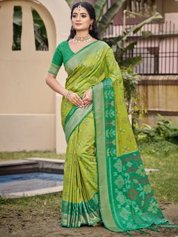 Anaita - Green Ikat Printed Silk Saree with Unstitched Blouse