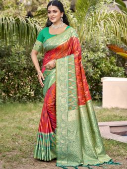 Anaita - Coral Woven Silk Saree with Unstitched Blouse