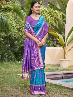 Anaita - Blue Ikat Printed Silk Saree with Unstitched Blouse