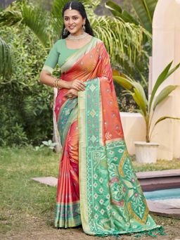 Anaita - Coral Ikat Printed Silk Saree with Unstitched Blouse
