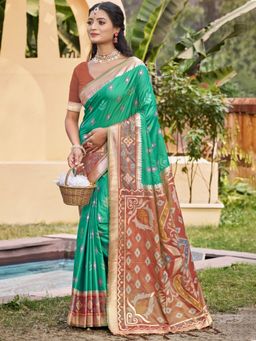Anaita - Green Ikat Printed Silk Saree with Unstitched Blouse