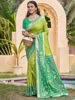 Anaita - Olive Ikat Printed Silk Saree with Unstitched Blouse