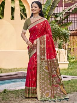 Anaita - Red Ikat Printed Silk Saree with Unstitched Blouse