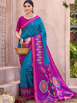 Anaita - Blue Ikat Printed Silk Saree with Unstitched Blouse