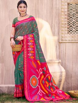 Anaita - Green Ikat Printed Silk Saree with Unstitched Blouse