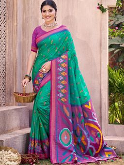 Anaita - Green Ikat Printed Silk Saree with Unstitched Blouse